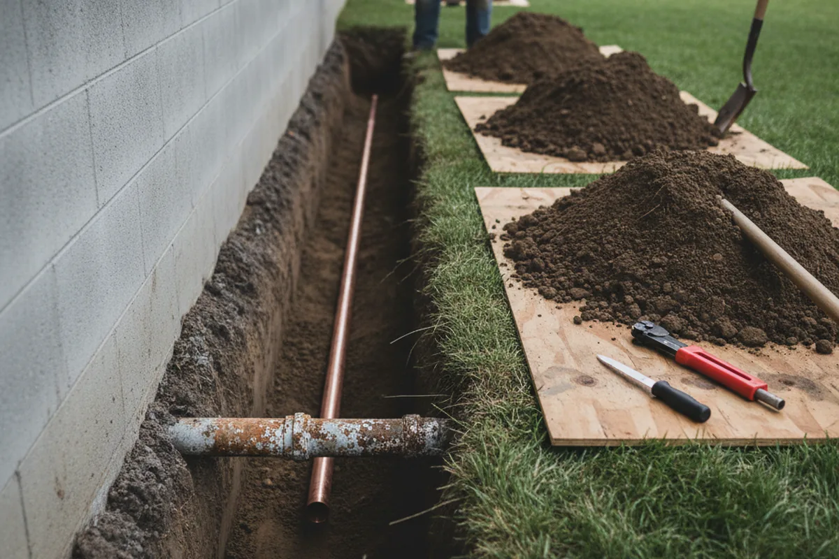 Excavated water line trench during Water Softener Installation in Monroe